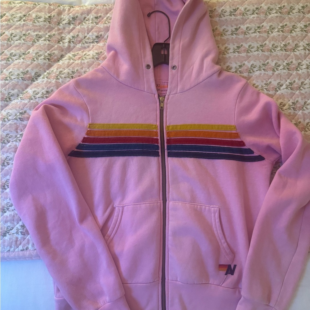 Aviator Nation Pink Hoodie with Rainbow Stripes
